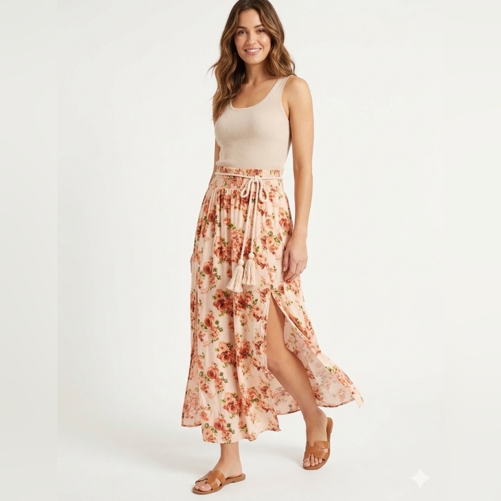 Forever 21 Floral Maxi Skirt (NWT), Size M, with Rope Belt and Side Slits - Picture 1 of 16